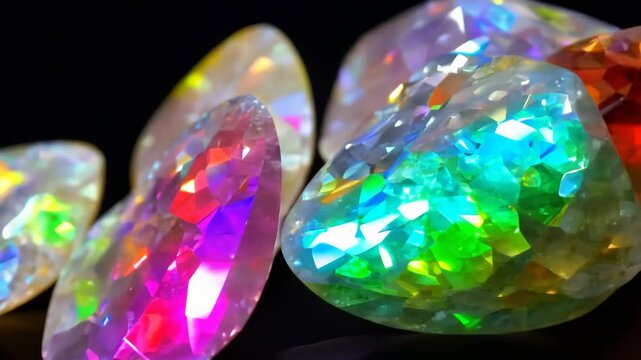 A collection of colorful gems with rainbow colors. Some of the gems are yellow, some are pink, and some are blue