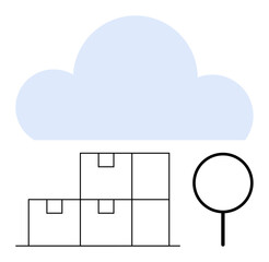 Cloud above stacked boxes with a search tool symbolizing data storage, file management, and accessibility. Ideal for technology, business, organization, research, logistics, productivity minimal