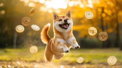 Shiba Inu leaps, coins fall, autumn park, crypto joy