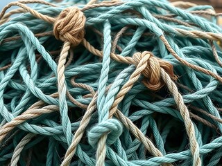 Close-up of tangled blue and beige ropes with knots.