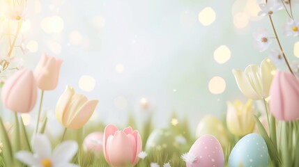 Pastel Easter eggs and tulips in spring meadow