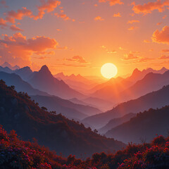 Obraz premium Mountain peaks framed by the sun's dawn and dusk hues across a hazy landscape