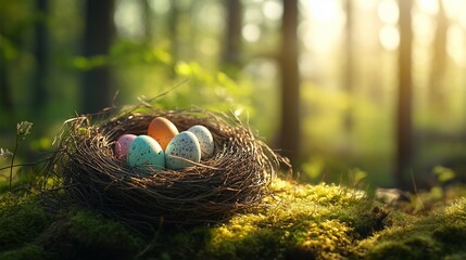 Nest with colorful Easter eggs on mossy forest floor