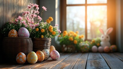 Colorful Easter Eggs and Spring Flowers in Wicker Baskets Near Sunlit Window on Rustic Wooden