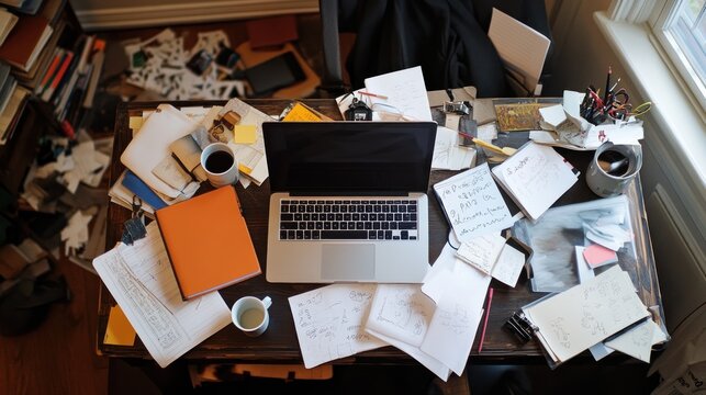 Overhead view of a busy and cluttered home office desk workspace with laptop