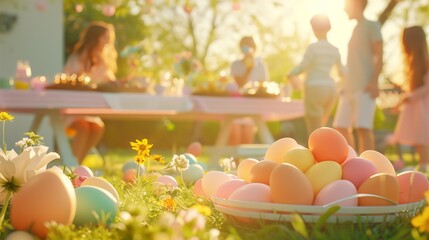 Colorful Easter Eggs in Spring Garden with Family Celebration in Background, Warm Sunlight and Festive Atmosphere