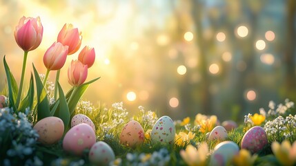 Decorated Easter Eggs in Spring Meadow with Blooming Tulips and Warm Golden Sunlight Creating a Festive and Joyful Atmosphere