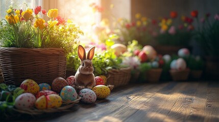 Adorable Easter Bunny Sitting Among Colorful Decorated Eggs with Spring Flowers in a Cozy Sunlit Indoor Setting