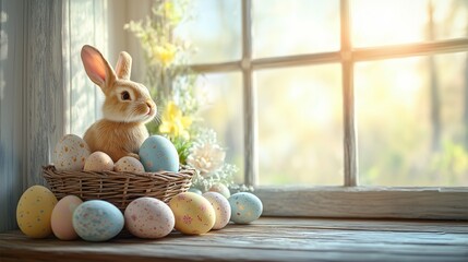 Adorable Easter Bunny Sitting in a Wicker Basket with Colorful Speckled Eggs by a Sunlit Window in a Cozy Spring Setting