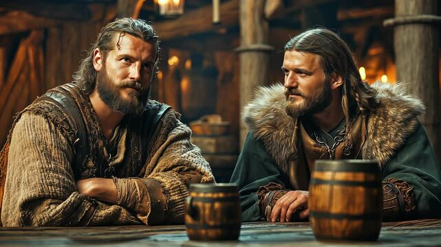 Viking Warriors Gathered in a Rustic Tavern Setting with Atmosphere