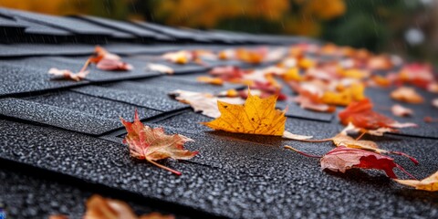 Autumn leaves on a wet roof