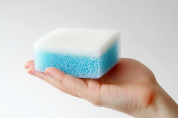Hand holding a colorful cleaning sponge against a plain background