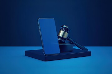 Obraz premium Smartphone Justice Gavel and Mobile Phone on Blue Platform 3D Render