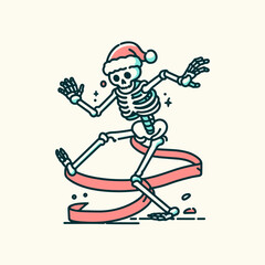 Fototapeta premium Skeleton wearing a Santa hat trips over Christmas ribbon a simple monochrome vector outline drawing