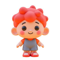 Obraz premium A 6 year old white boy with orange curly hair, wearing a gray jumpsuit and red shoes, in a white background