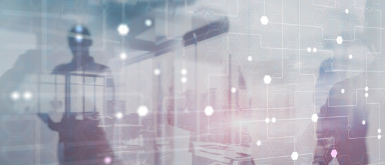 Technology industrial business process workflow organisation structure on virtual screen. Honeycombs and binary code