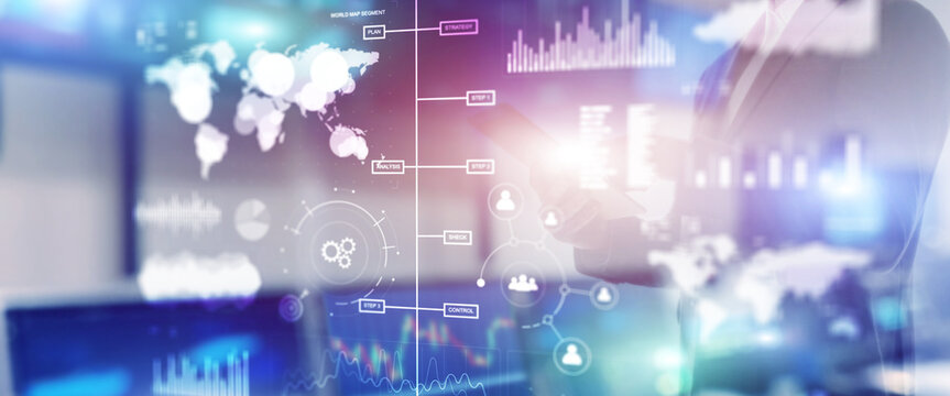 Business dashboard with key performance indicators on a virtual screen city interface