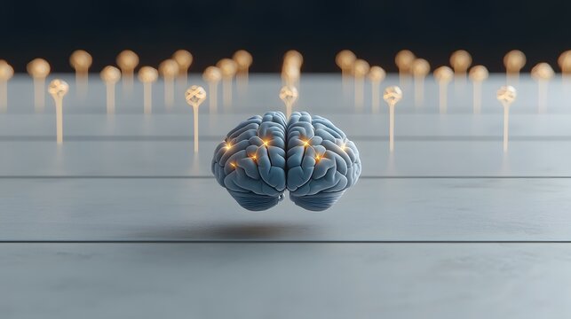 A 3D rendered image shows a human brain with glowing nodes floating above a pale grey surface.  In the background, numerous blurred, glowing vertical posts stand in even rows.