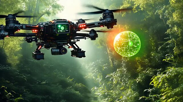 Futuristic Surveillance Drone Scanning a Glowing Green Energy Sphere in a Dense Jungle with Sunlight Beaming Through

