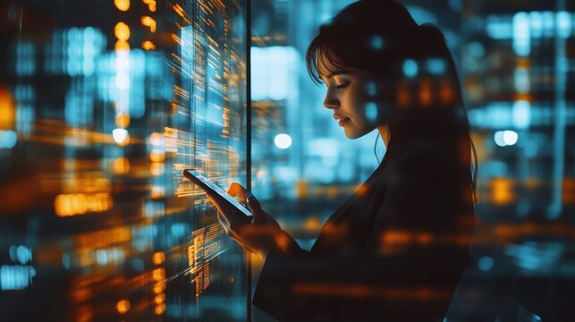 A woman using a smartphone near a data interface display - Powered by Adobe