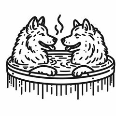 Siberian Husky Couple sharing a hot tub minimalist vector drawing a festive Christmas scene