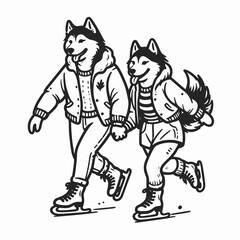 Fototapeta premium Siberian Husky Couple going ice skating minimalist vector graphic a joyful Christmas holiday scene