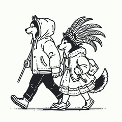 Fototapeta premium Siberian Husky Couple going to a Christmas carnival minimalist vector outline drawing of a playful snowy holiday scene