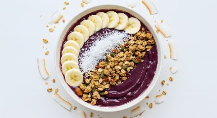 Delicious acai bowl with banana slices granola and coconut flakes eat food meal fruit vegan yummy