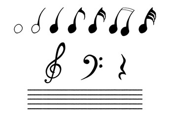 A set of elements of various musical symbols, including various note durations, treble clef, bass clef, rest symbol, and a musical stave. Perfect for musical designs, and educational materials.