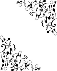 A decorative frame formed by two diagonally opposite corner arrangements of black musical notes and symbols, set against a clean transparent background.