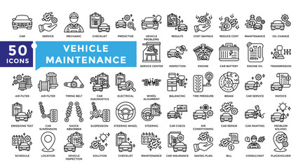 Vehicle Maintenance icon set in outline style. Complete Collection Including inspection,consultant,insurance,maintenance,repair,vehicle,service and more. Simple vector icon collection