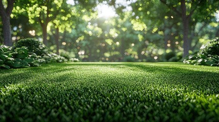 Lush Green Lawn Surrounded by Vibrant Trees in a Sunlit Forest Creating a Serene and Inviting Natural Landscape
