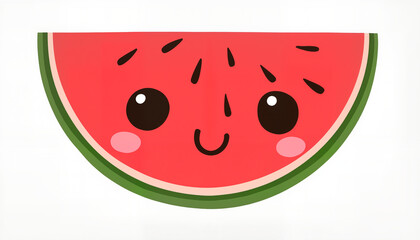 Obraz premium Kawaii watermelon slice showing happiness against white background, joyful aesthetic