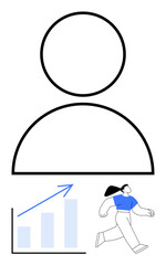 Circle and semicircle form a profile avatar. Below, a growth chart with an upward arrow and a woman walking conveys evolution and personal progress. Ideal for identity, analytics, self-improvement