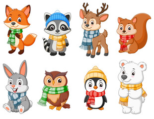 Obraz premium Eight animals including fox, deer, and rabbits wearing colorful scarves, perfect for winter themed designs, pet related content, or holiday cards.