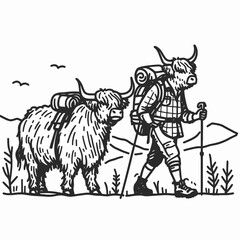 Highland Cow Couple hiking a snowy mountain path minimalist vector graphic Christmas card design