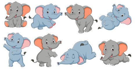 Eight cute cartoon elephants in different poses, perfect for children's books, greeting cards, prints, and stationery designs. Whimsical and charming.