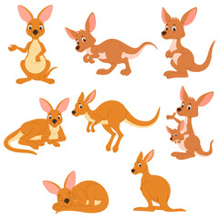 Obraz premium Eight cartoon kangaroos in varied poses, perfect for children's books, educational materials, and wildlife themed designs in need of playful characters.