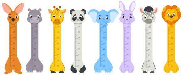 Animal height charts of kangaroo, hippo, giraffe, panda, elephant, rabbit, zebra, and lion for children's educational materials or posters.