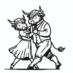 Highland Cow Couple dancing tango minimalist monochrome vector graphic a festive holiday silhouette doodle