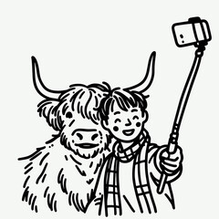 Fototapeta premium Highland Cow Couple Couple Selfie minimalist vector drawing a loving bovine pair posing for a picturesque Scottish landscape photograph