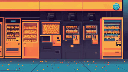 The image is a digital illustration depicting a row of vending machines at night. The machines are predominantly orange and are brightly lit against a dark blue background. The ground is a teal