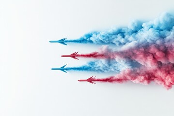 Fototapeta premium A clean 2D illustration of a fleet of airplanes flying in formation, their trails forming sleek patterns in a white sky