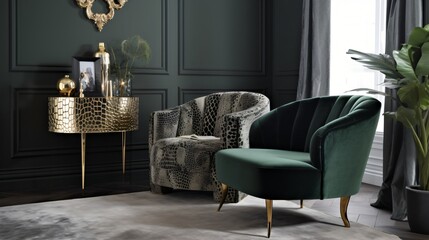 Luxurious Emerald Green Velvet Armchair and Gold Crocodile Console Table in a Dark Green Room