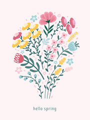 Hello spring poster with bouquet flowers on pink background. Card for spring holiday with wildflowers, daisies, roses, tulips bouquet. Floral illustration for Womens Day March 8, birthday, Mothers Day