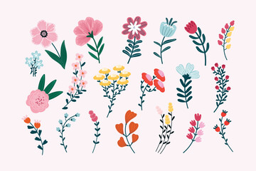 Collection of different beautiful wildflower and garden flowers. Big summer and spring set botanic garden elements. Chamomile, bluebell, tulip, Rose, snowdrop. Hand drawn colorful vector illustration