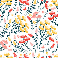 Blooming summer meadow vector seamless pattern. Repeating floral pattern on white background. Spring wildflowers, daisies, chamomile, buds, leaves. Lot of different flowers yellow, red, pink color