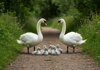 Obraz premium Swans and Cygnets Family on Path, Peaceful Wildlife Scene