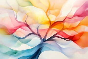 A clean, abstract design of a tree with deep roots and vibrant, sprawling branches, symbolizing growth and resilience, in muted pastel colors