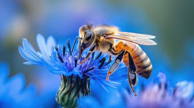 World bee day with nature and sustainability idea. Bee pollinating a blue flower in nature's vibrant setting.
